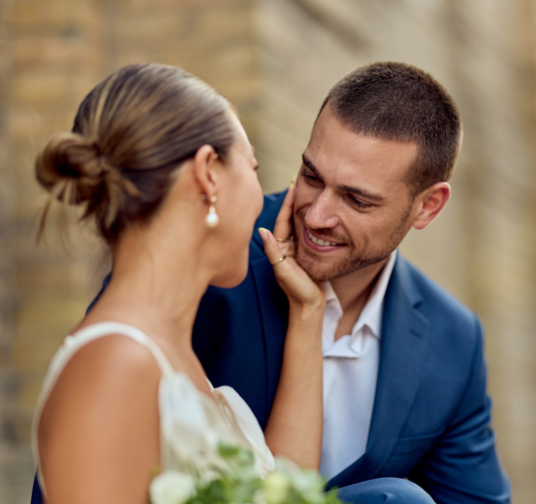 Bride,And,Groom,Exchanging,A,Tender,Glance,,Expressing,Love,And